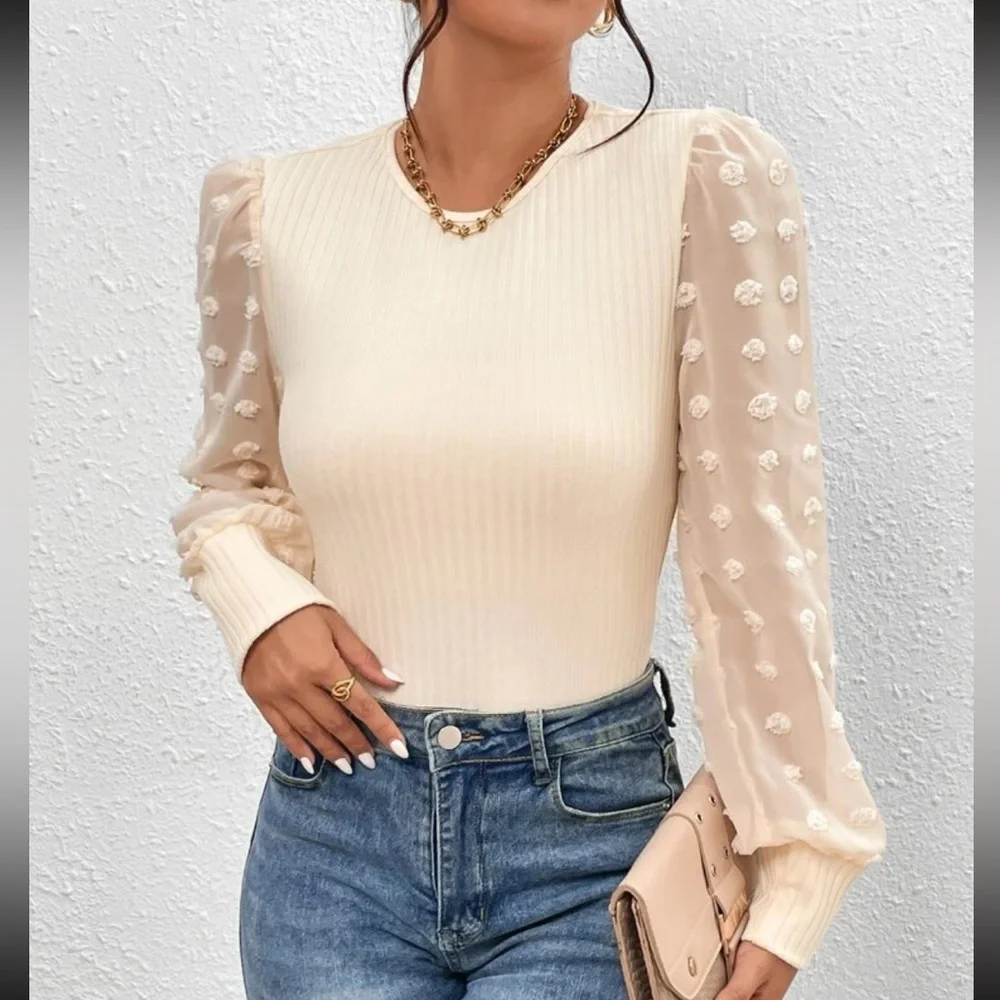 Boho cream Swiss dot lantern sleeve bodysuit
